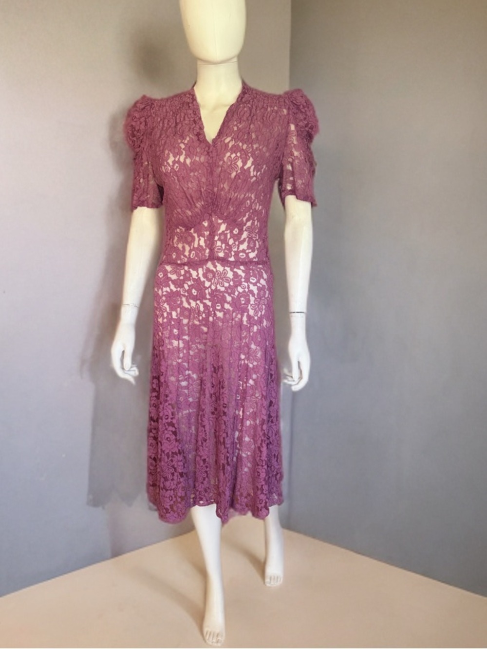 Vintage 1940s Rasperry Sherbet Lace Day Dress - Picture 2 of 9